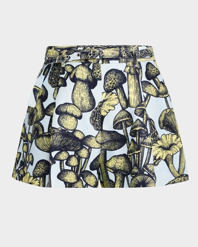 Belted Mushroom-Print Shorts